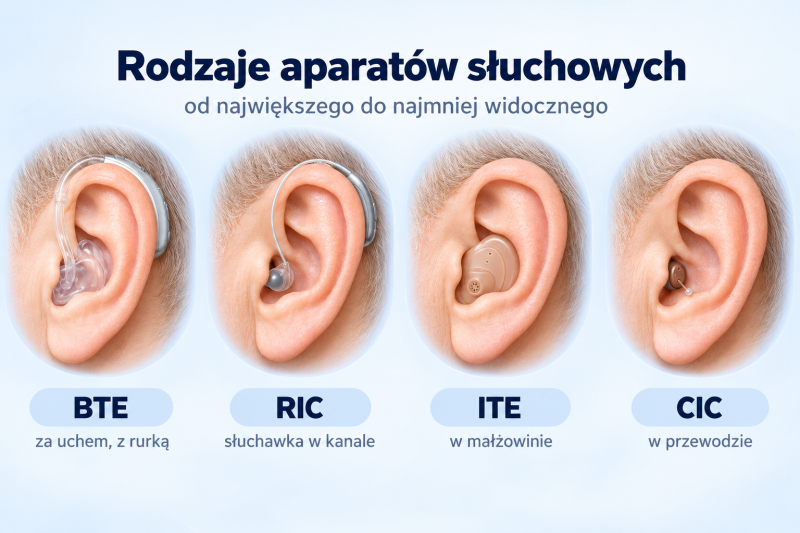 Porównanie czterech rodzajów aparatów słuchowych: BTE, RIC, ITE i CIC na tle ucha